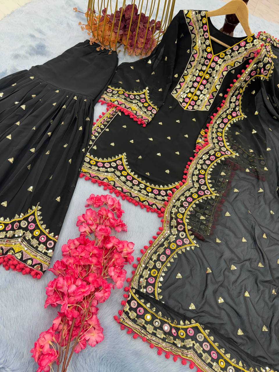 Black Designer Party Wear Top, Plazzo & Dupatta Set