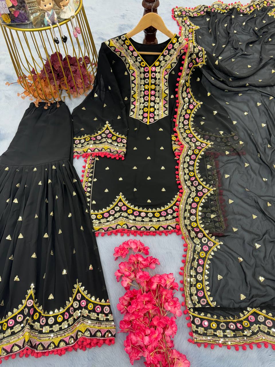 Black Designer Party Wear Top, Plazzo & Dupatta Set