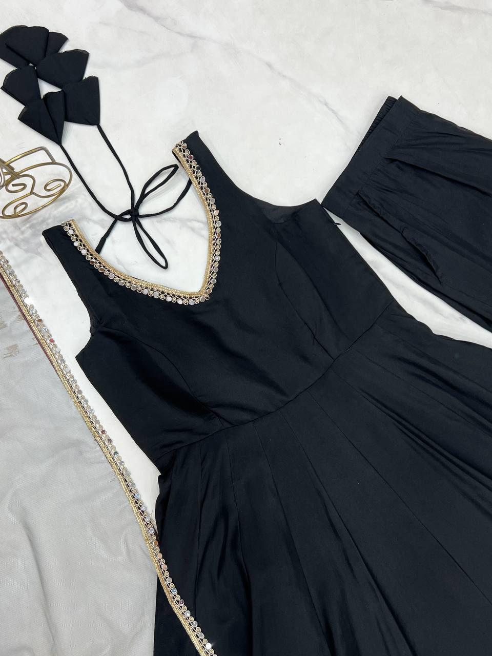 Black Designer Pure Romansilk Chanderi Anarkali Set with Fancy Lace Work & Mirror Lace Dupatta – Fully Stitched with Pants