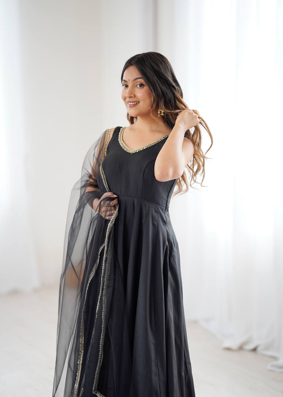 Black Designer Pure Romansilk Chanderi Anarkali Set with Fancy Lace Work & Mirror Lace Dupatta – Fully Stitched with Pants