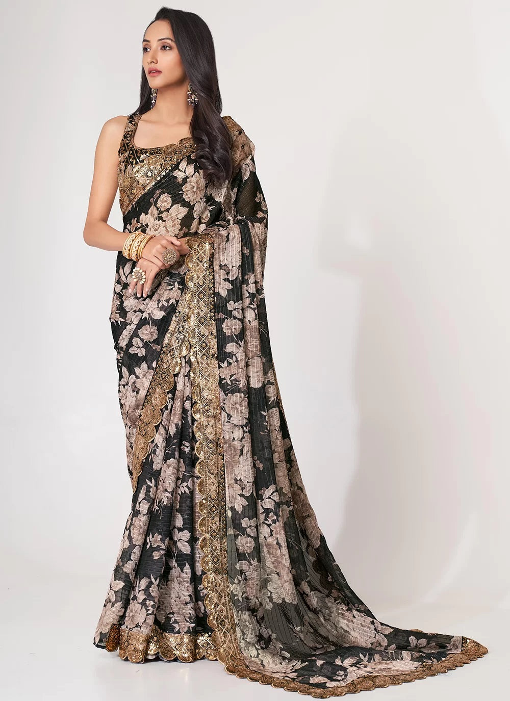 Black digital print embroidered organza contemporary saree