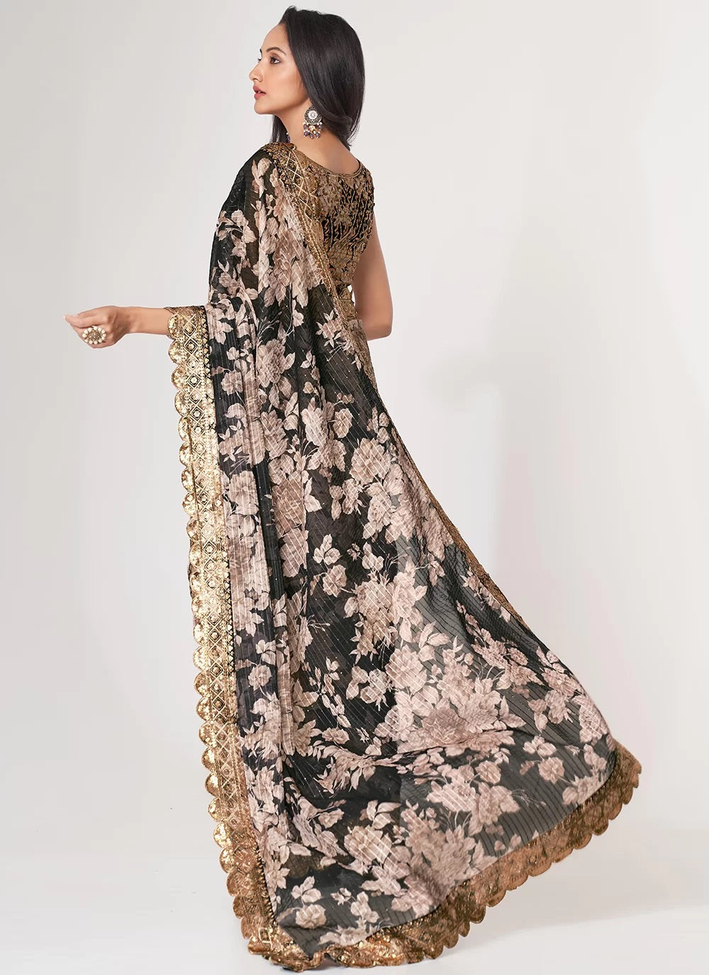 Black digital print embroidered organza contemporary saree