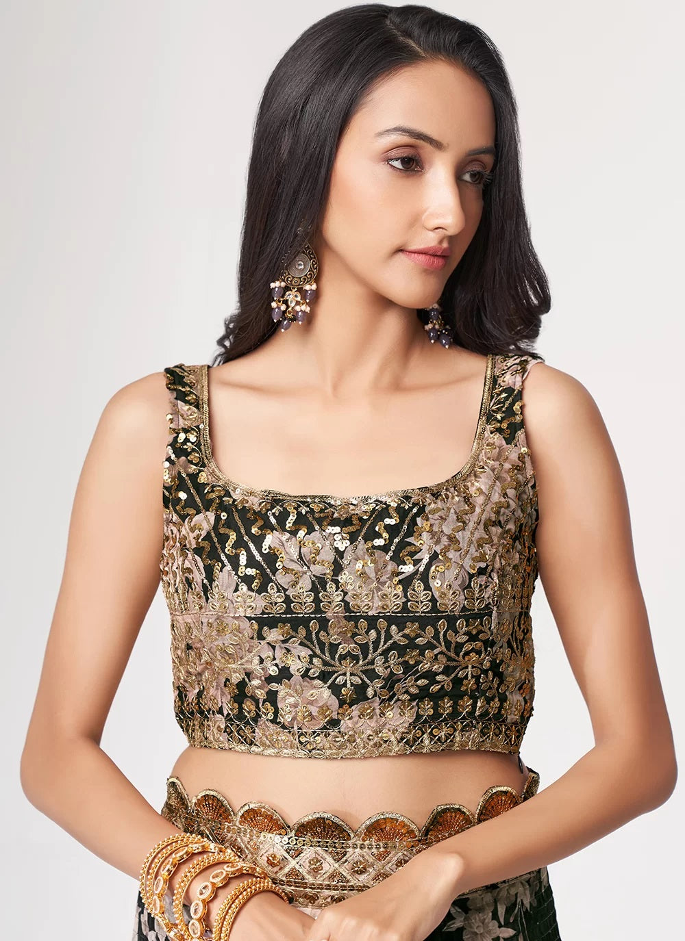 Black digital print embroidered organza contemporary saree