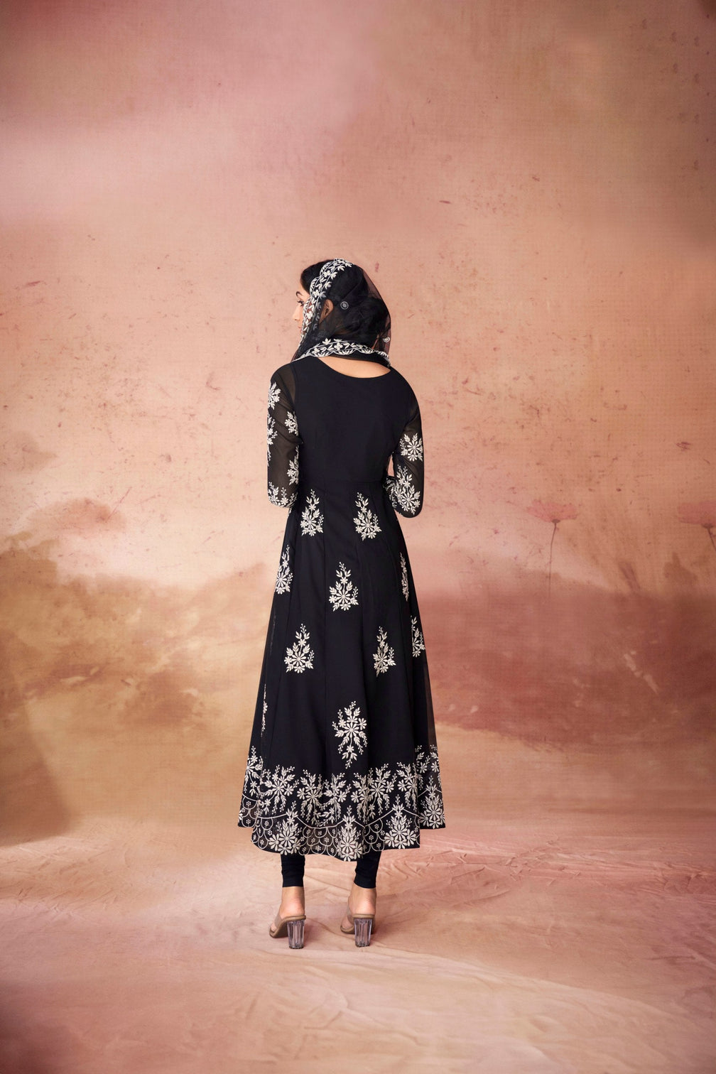 Black Digital Printed Georgette Anarkali Set with Embroidered Net Dupatta