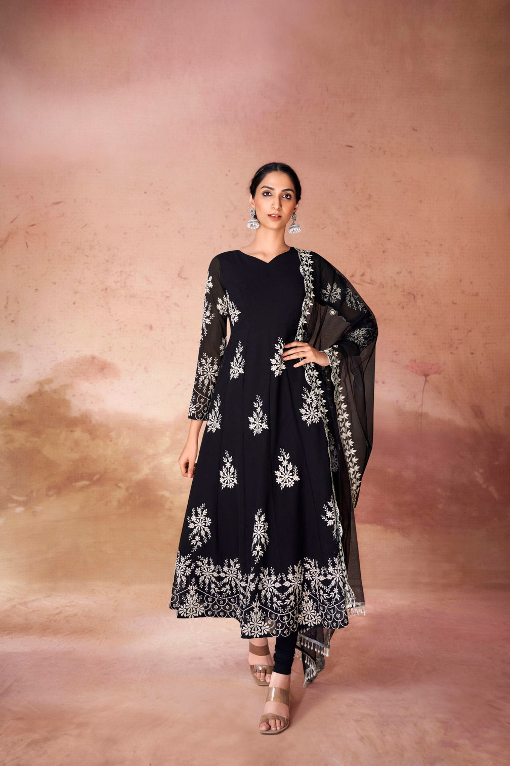 Black Digital Printed Georgette Anarkali Set with Embroidered Net Dupatta