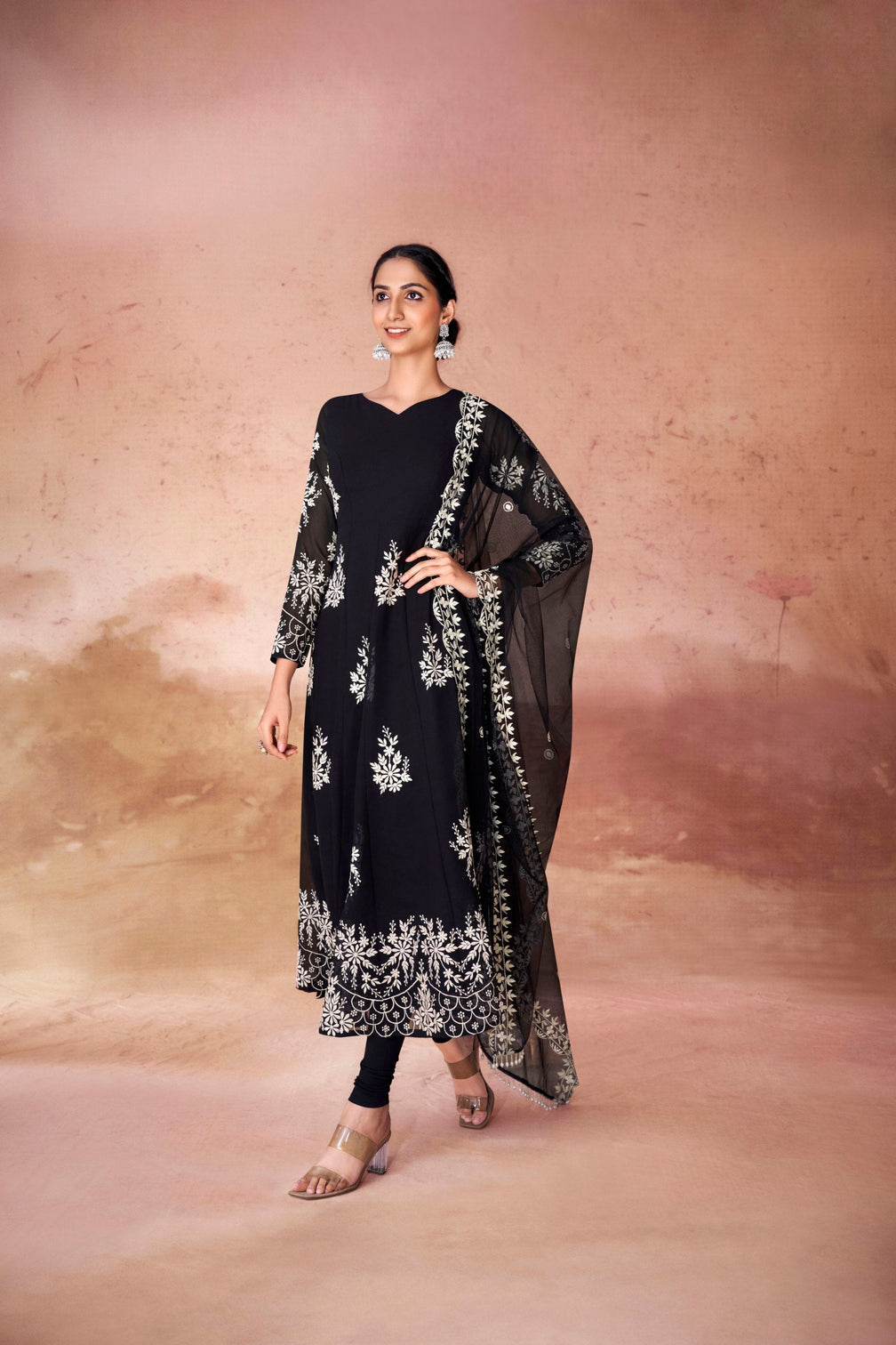 Black Digital Printed Georgette Anarkali Set with Embroidered Net Dupatta