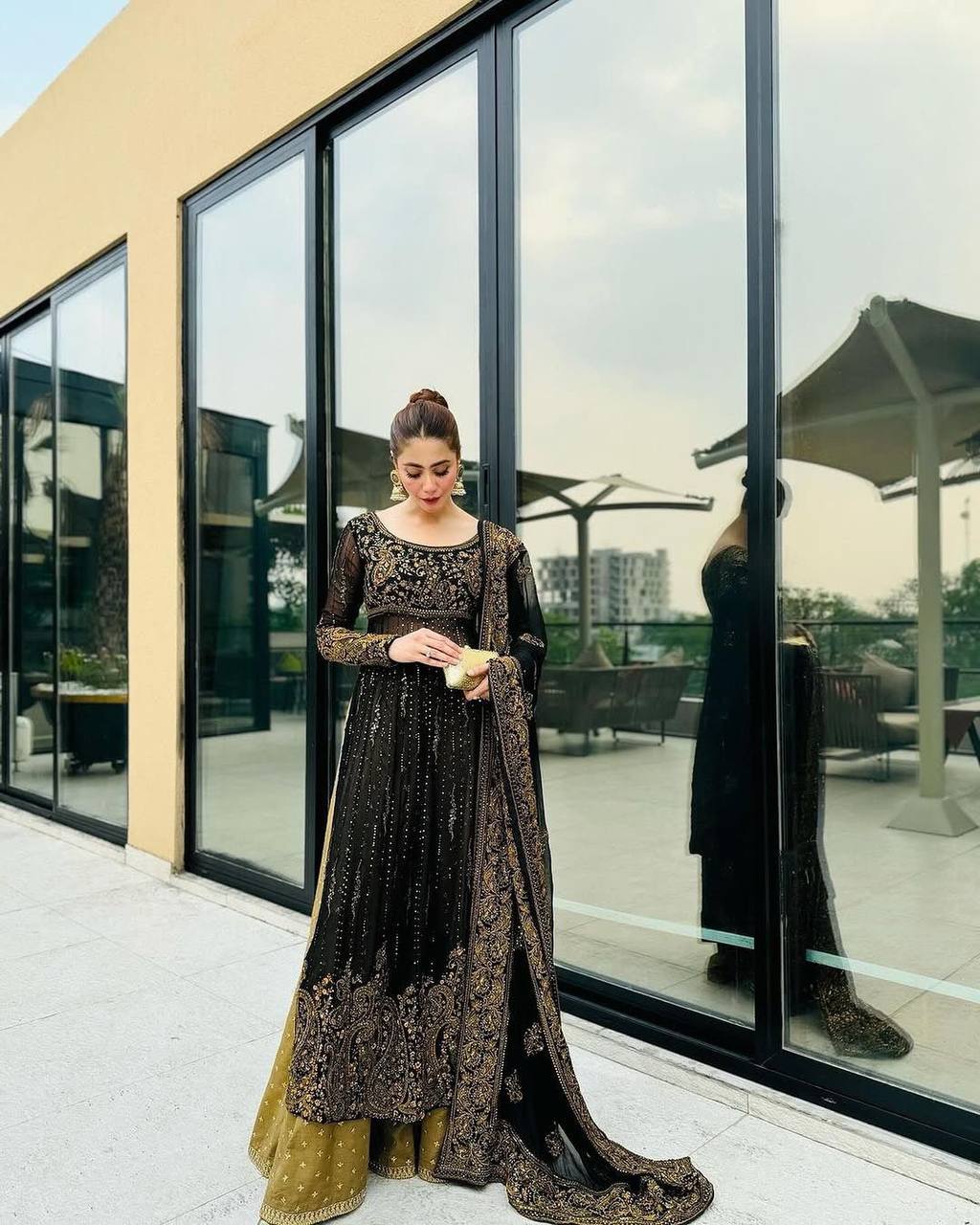 Black Elegant Anarkali Plazo Set with Dupatta – Faux Georgette & Sequins Work