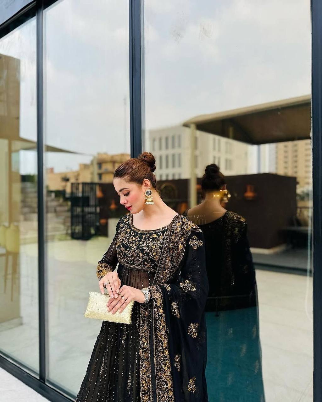 Black Elegant Anarkali Plazo Set with Dupatta – Faux Georgette & Sequins Work