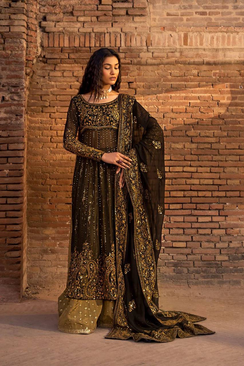 Black Elegant Anarkali Plazo Set with Dupatta – Faux Georgette & Sequins Work