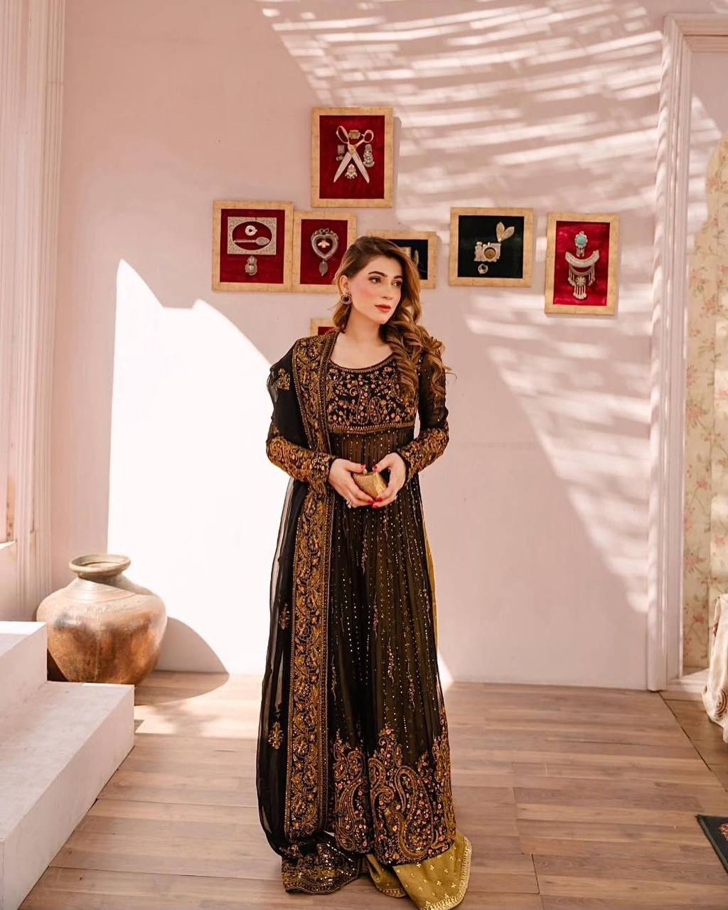Black Elegant Anarkali Plazo Set with Dupatta – Faux Georgette & Sequins Work