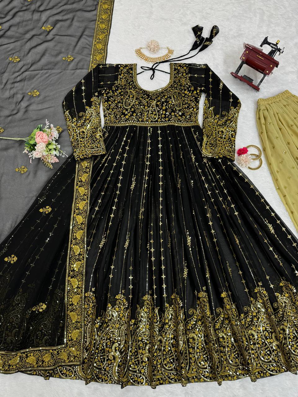 Black Elegant Anarkali Plazo Set with Dupatta – Faux Georgette & Sequins Work