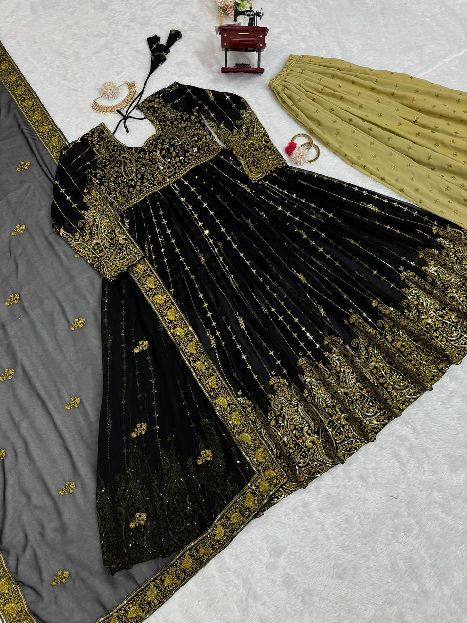 Black Elegant Anarkali Plazo Set with Dupatta – Faux Georgette & Sequins Work