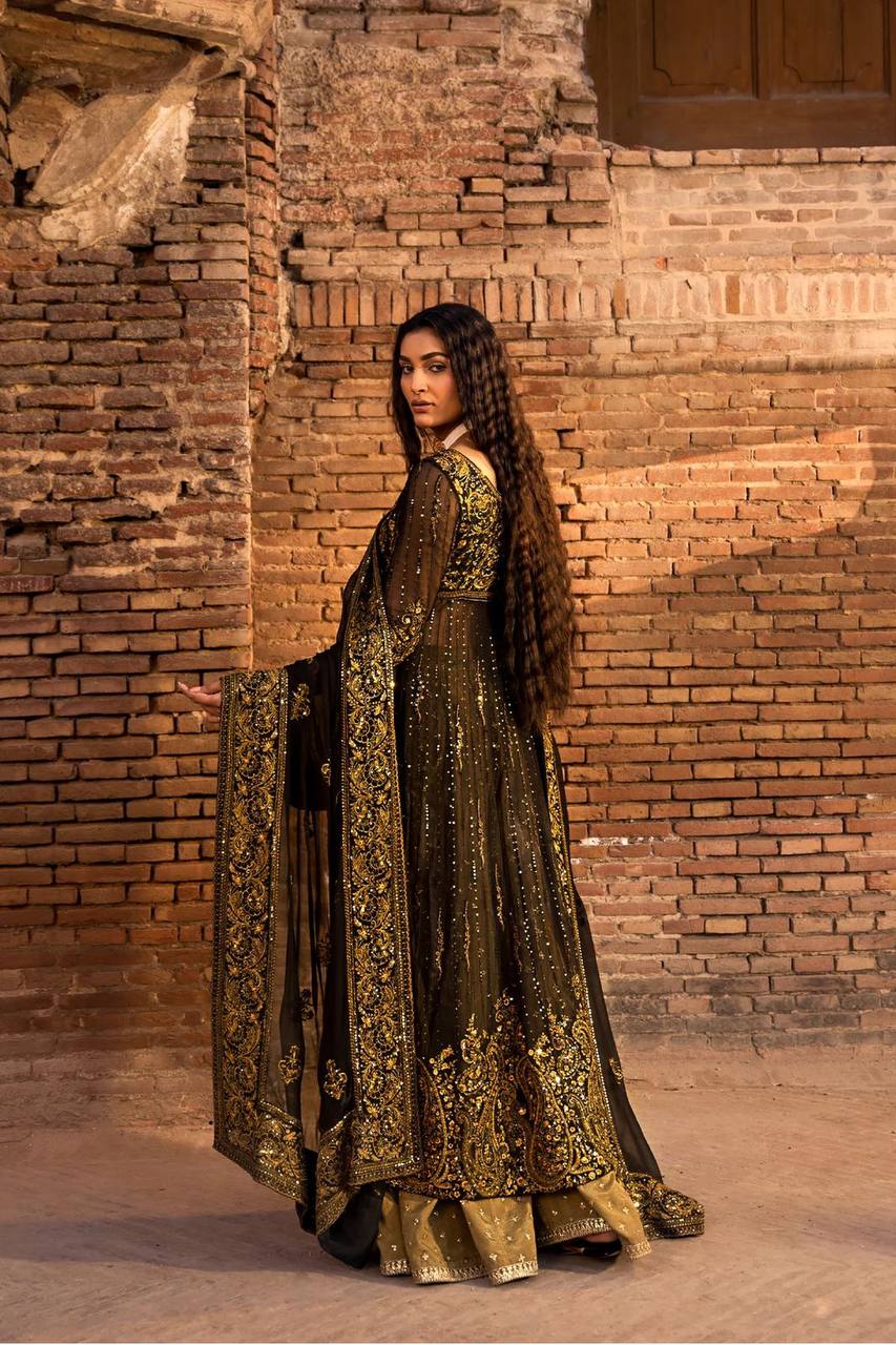 Black Elegant Anarkali Plazo Set with Dupatta – Faux Georgette & Sequins Work