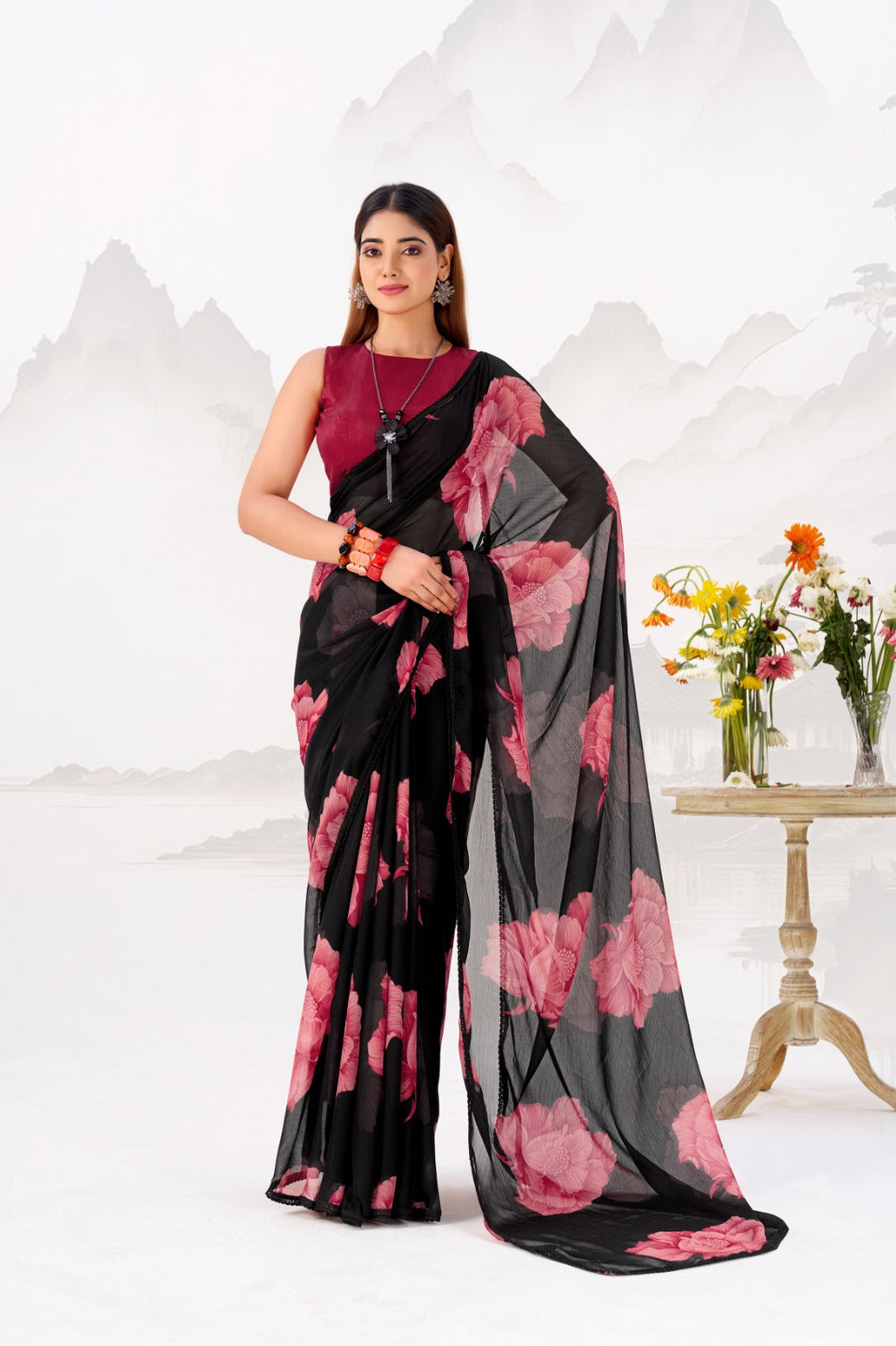 Black Elegant Chiffon Saree with Floral Print & Lace Border – Unstitched Banglory Blouse