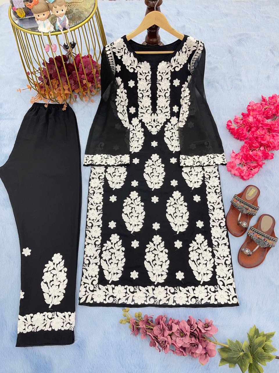 Black Elegant Chikankari Designer Kurta & Bottom Set – Perfect Ethnic Look