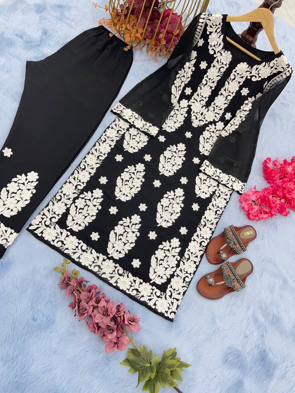 Black Elegant Chikankari Designer Kurta & Bottom Set – Perfect Ethnic Look