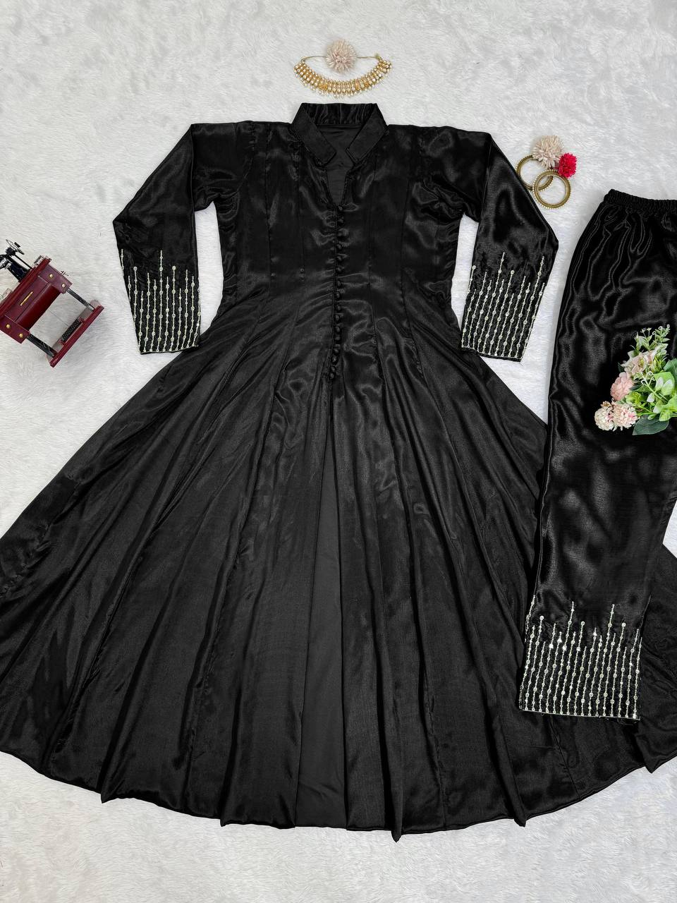 Black Elegant Chinon Silk Ensemble – Perfect for Every Occasion!