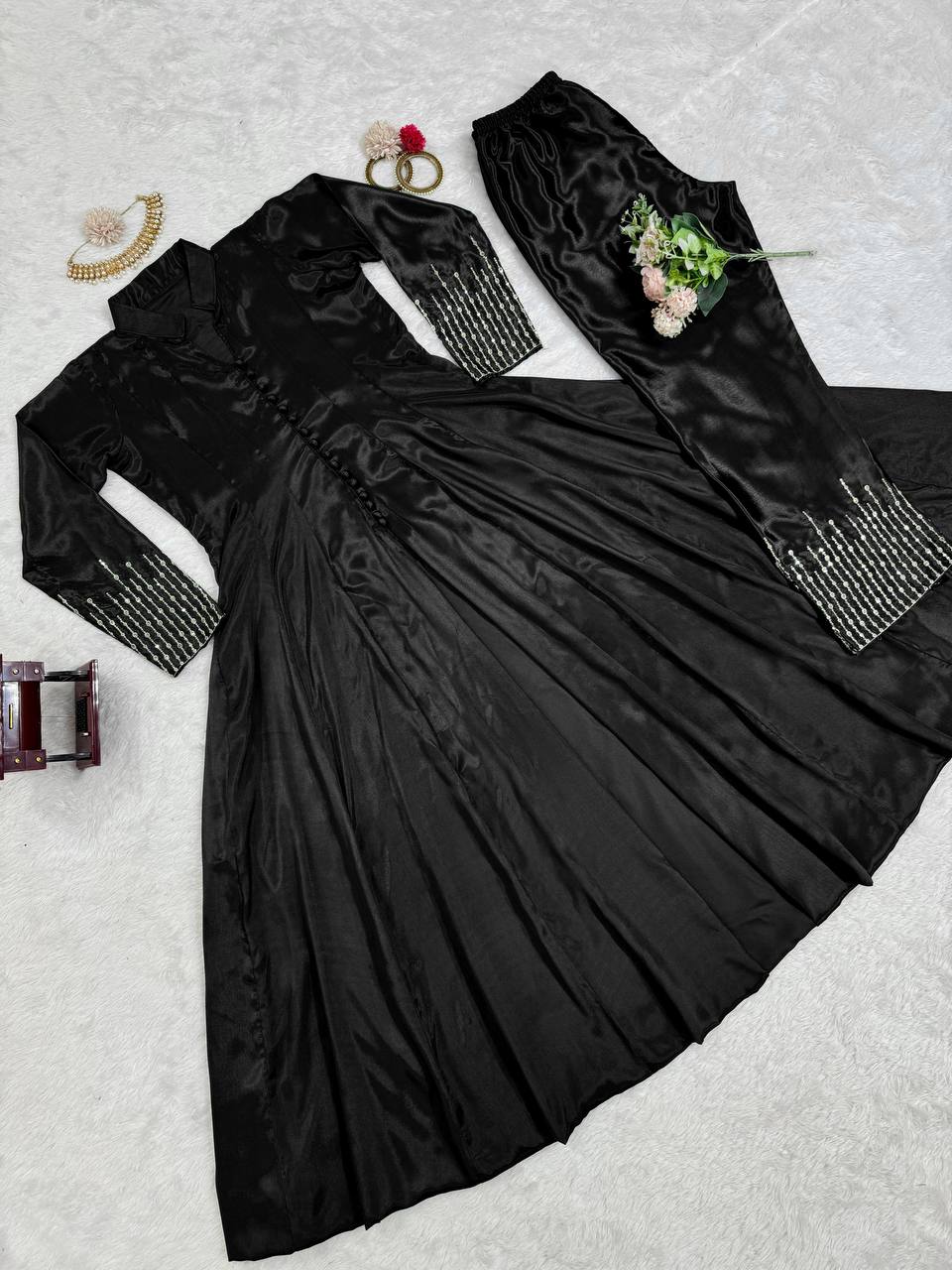 Black Elegant Chinon Silk Ensemble – Perfect for Every Occasion!
