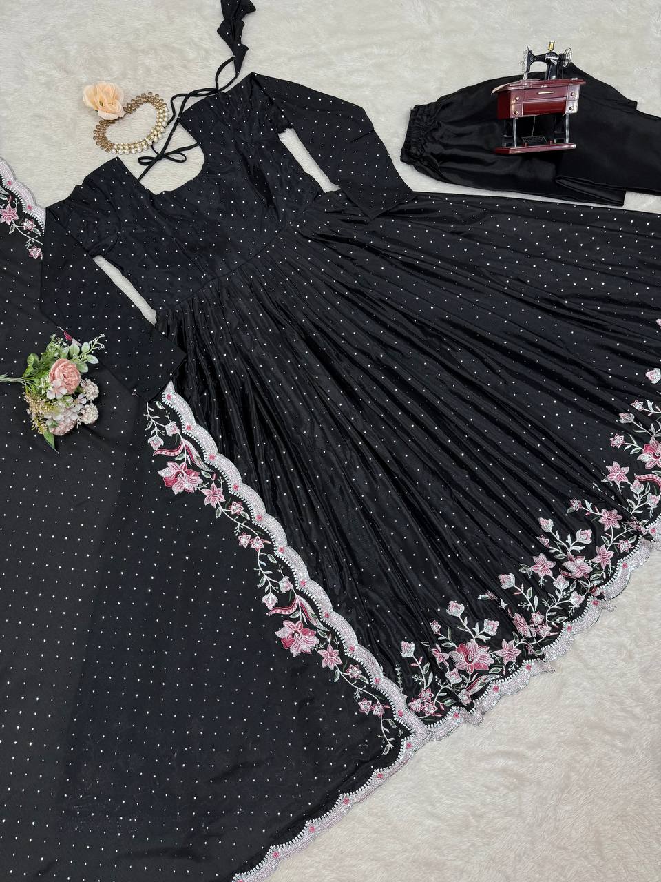 Black Elegant Chinon Silk Suit Set with Dupatta  Thread, Sequin & Mukesh Work Full-Stitched Ethnic Ensemble
