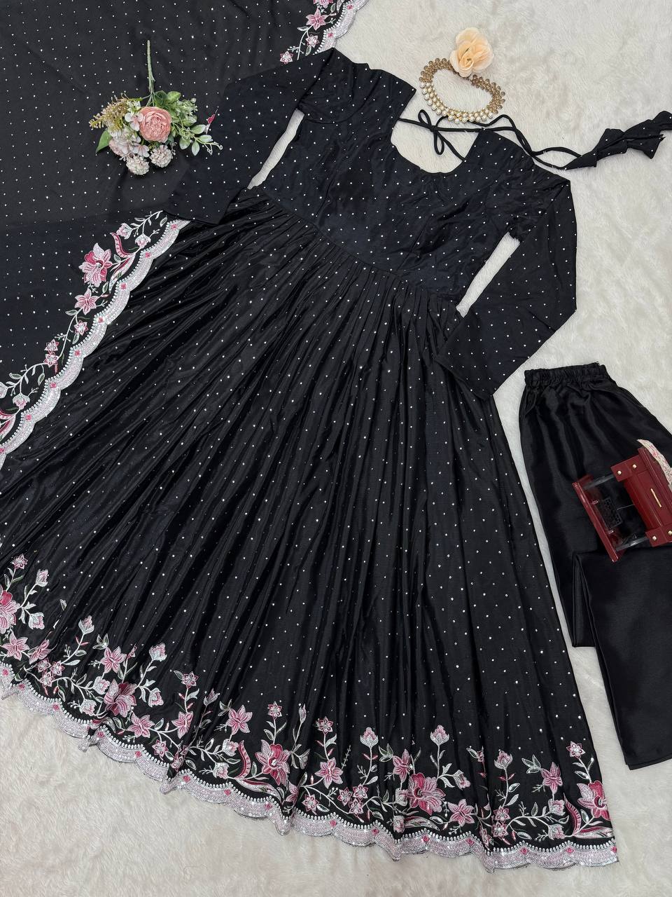Black Elegant Chinon Silk Suit Set with Dupatta  Thread, Sequin & Mukesh Work Full-Stitched Ethnic Ensemble
