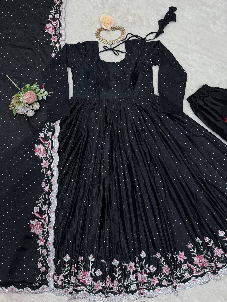 Black Elegant Chinon Silk Suit Set with Dupatta  Thread, Sequin & Mukesh Work Full-Stitched Ethnic Ensemble