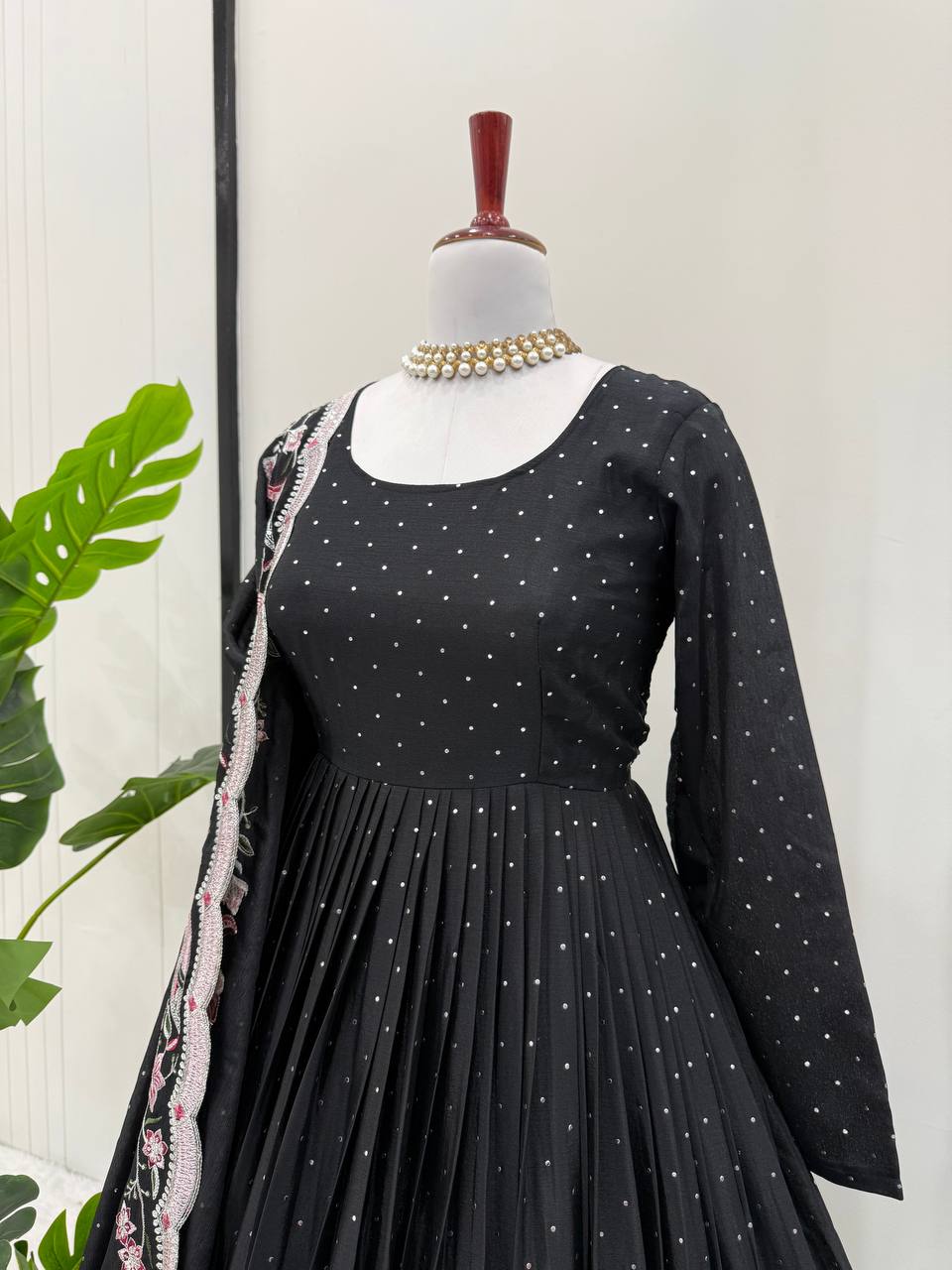 Black Elegant Chinon Silk Suit Set with Dupatta  Thread, Sequin & Mukesh Work Full-Stitched Ethnic Ensemble