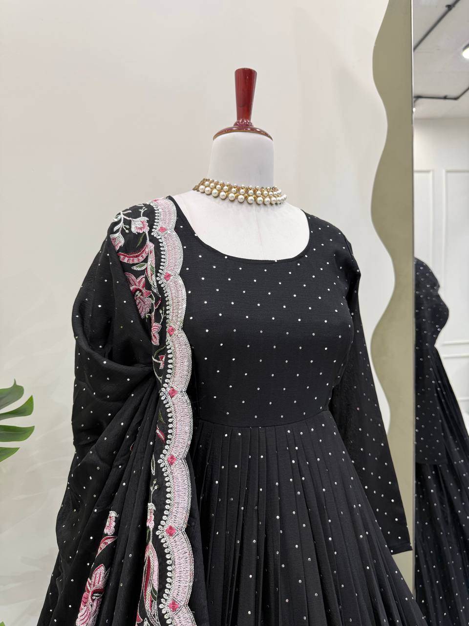 Black Elegant Chinon Silk Suit Set with Dupatta  Thread, Sequin & Mukesh Work Full-Stitched Ethnic Ensemble
