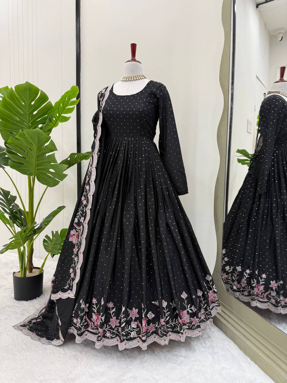 Black Elegant Chinon Silk Suit Set with Dupatta  Thread, Sequin & Mukesh Work Full-Stitched Ethnic Ensemble