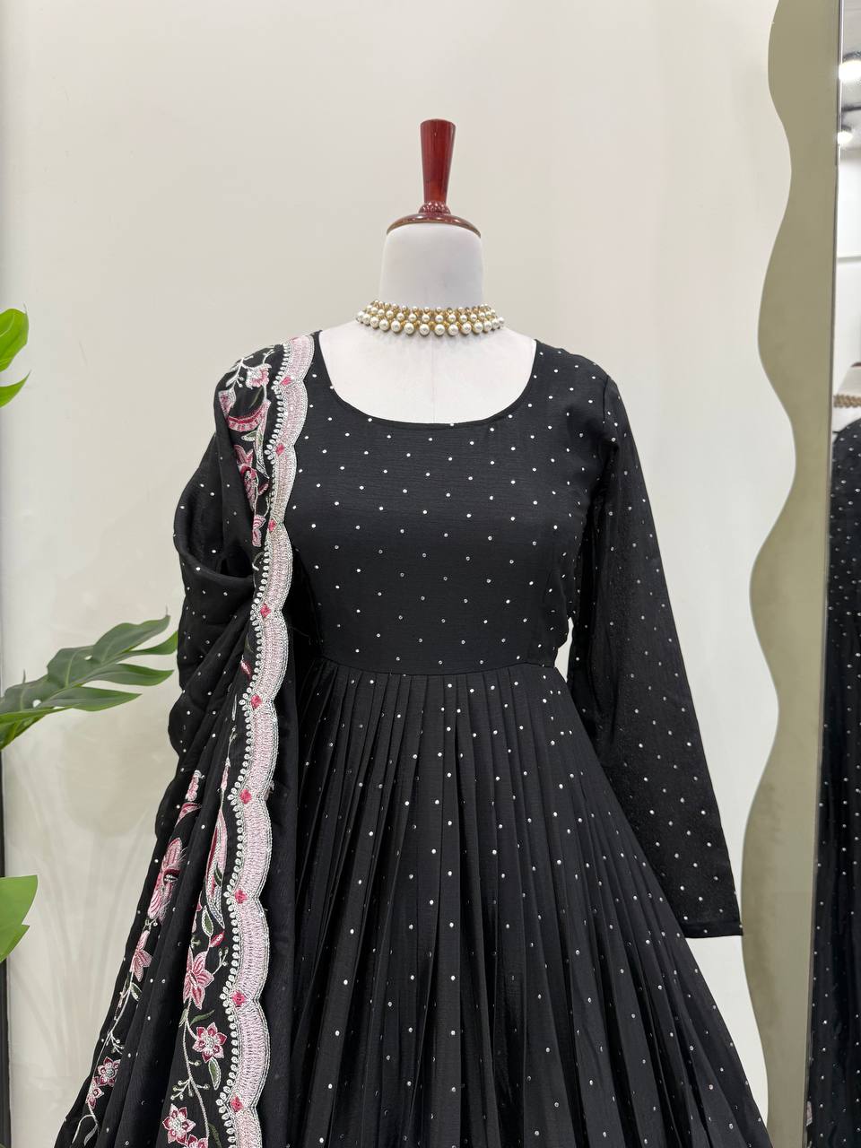 Black Elegant Chinon Silk Suit Set with Dupatta  Thread, Sequin & Mukesh Work Full-Stitched Ethnic Ensemble