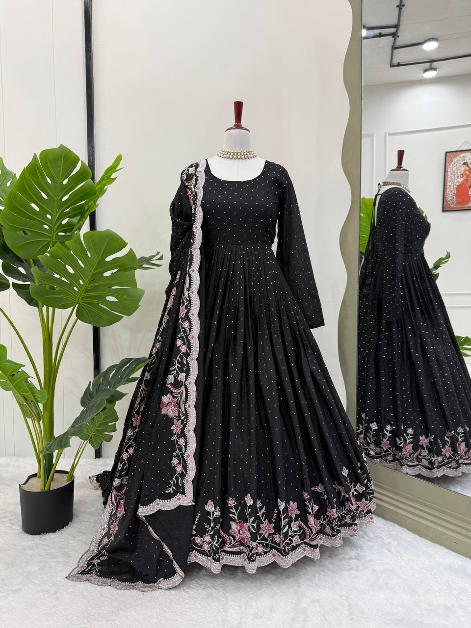 Black Elegant Chinon Silk Suit Set with Dupatta  Thread, Sequin & Mukesh Work Full-Stitched Ethnic Ensemble