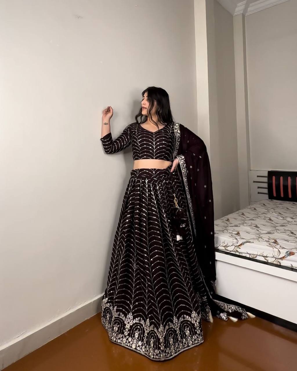 Black Elegant Designer Lehenga-Choli Set with Embroidery & Sequence Work