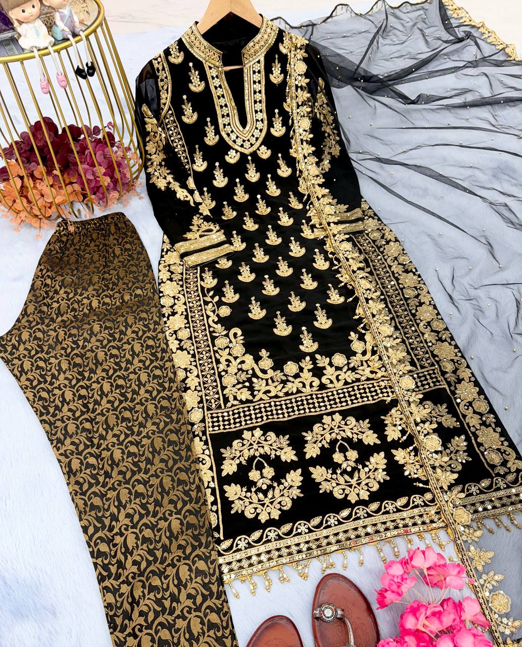 Black Elegant Designer Party Wear Top, Bottom, and Dupatta Set