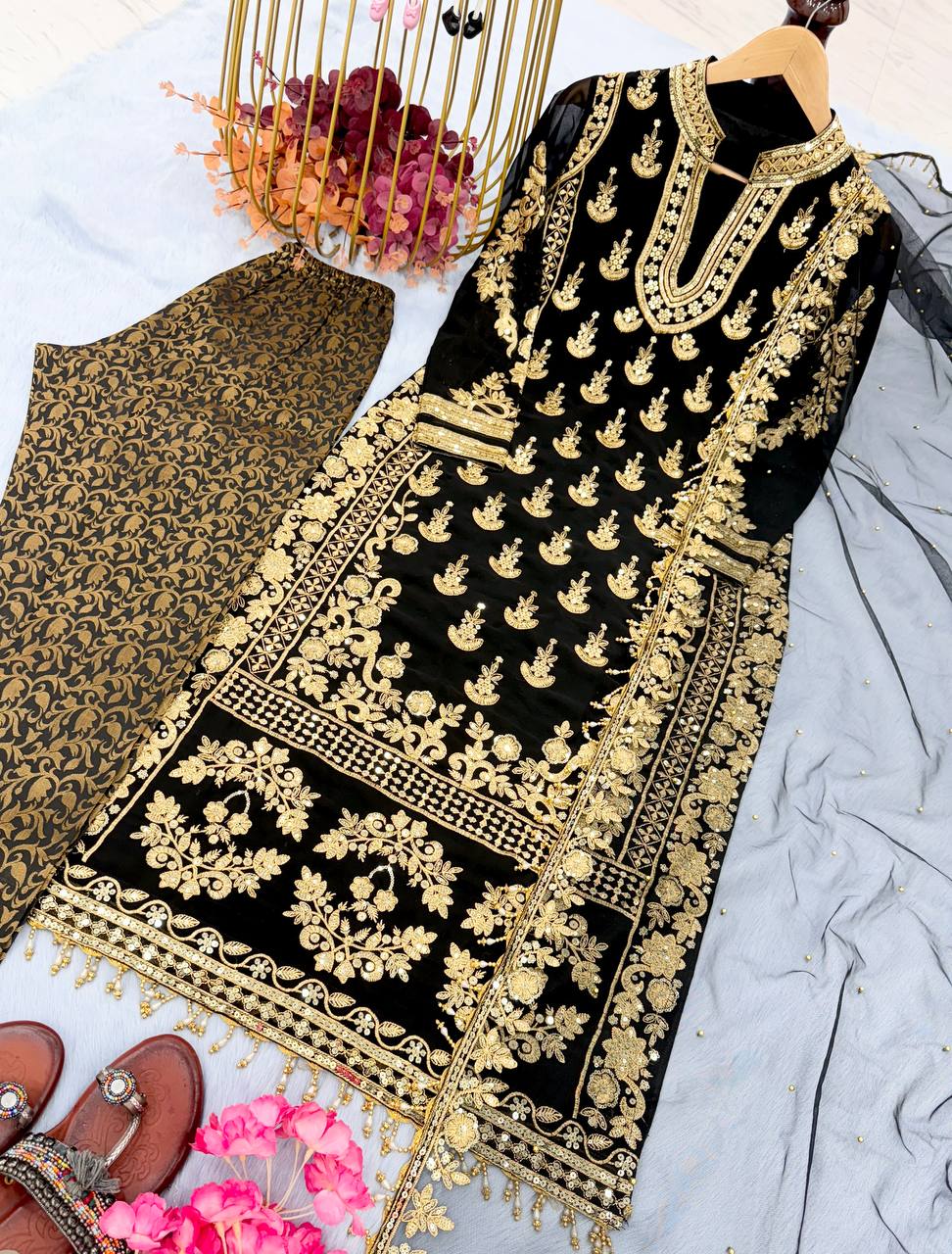 Black Elegant Designer Party Wear Top, Bottom, and Dupatta Set