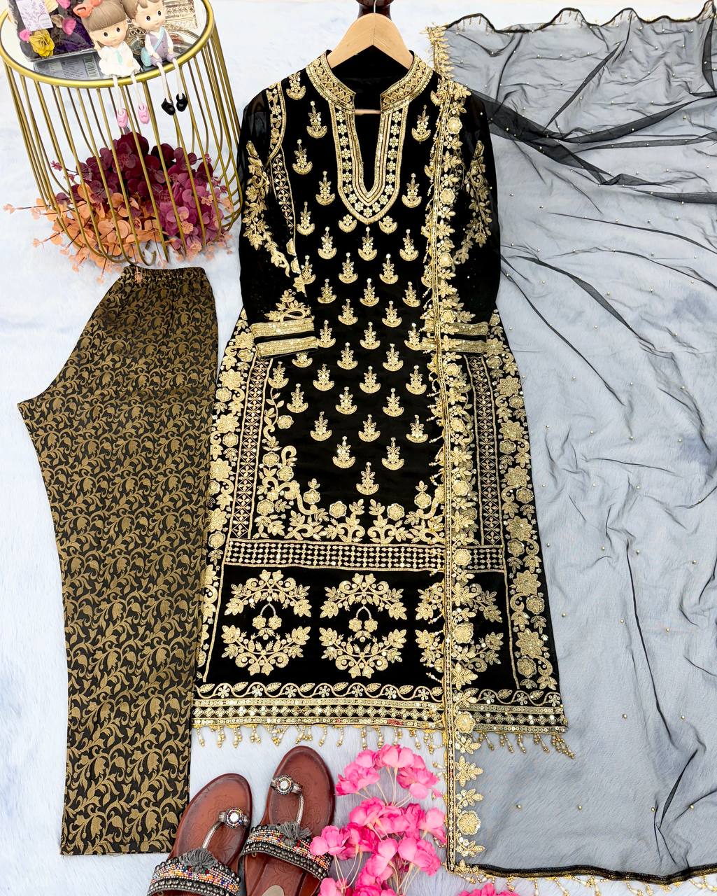 Black Elegant Designer Party Wear Top, Bottom, and Dupatta Set