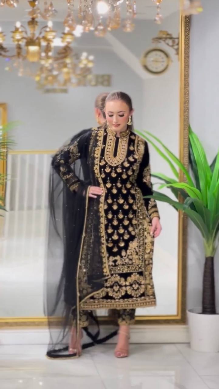 Black Elegant Designer Party Wear Top, Bottom, and Dupatta Set