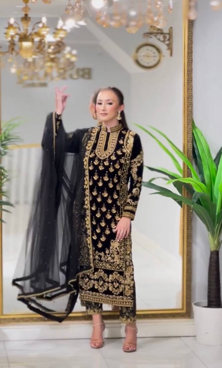 Black Elegant Designer Party Wear Top, Bottom, and Dupatta Set