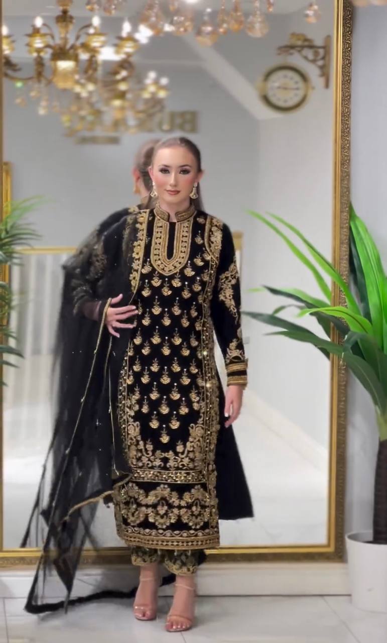 Black Elegant Designer Party Wear Top, Bottom, and Dupatta Set