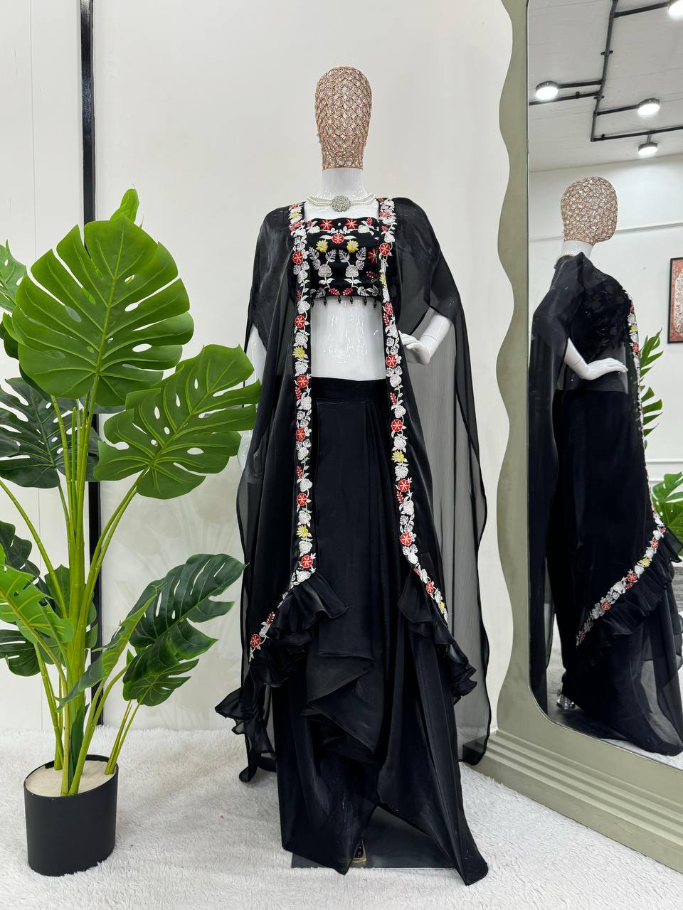 Black Elegant Dhoti Style Ensemble with Shrug & Unstitched Choli