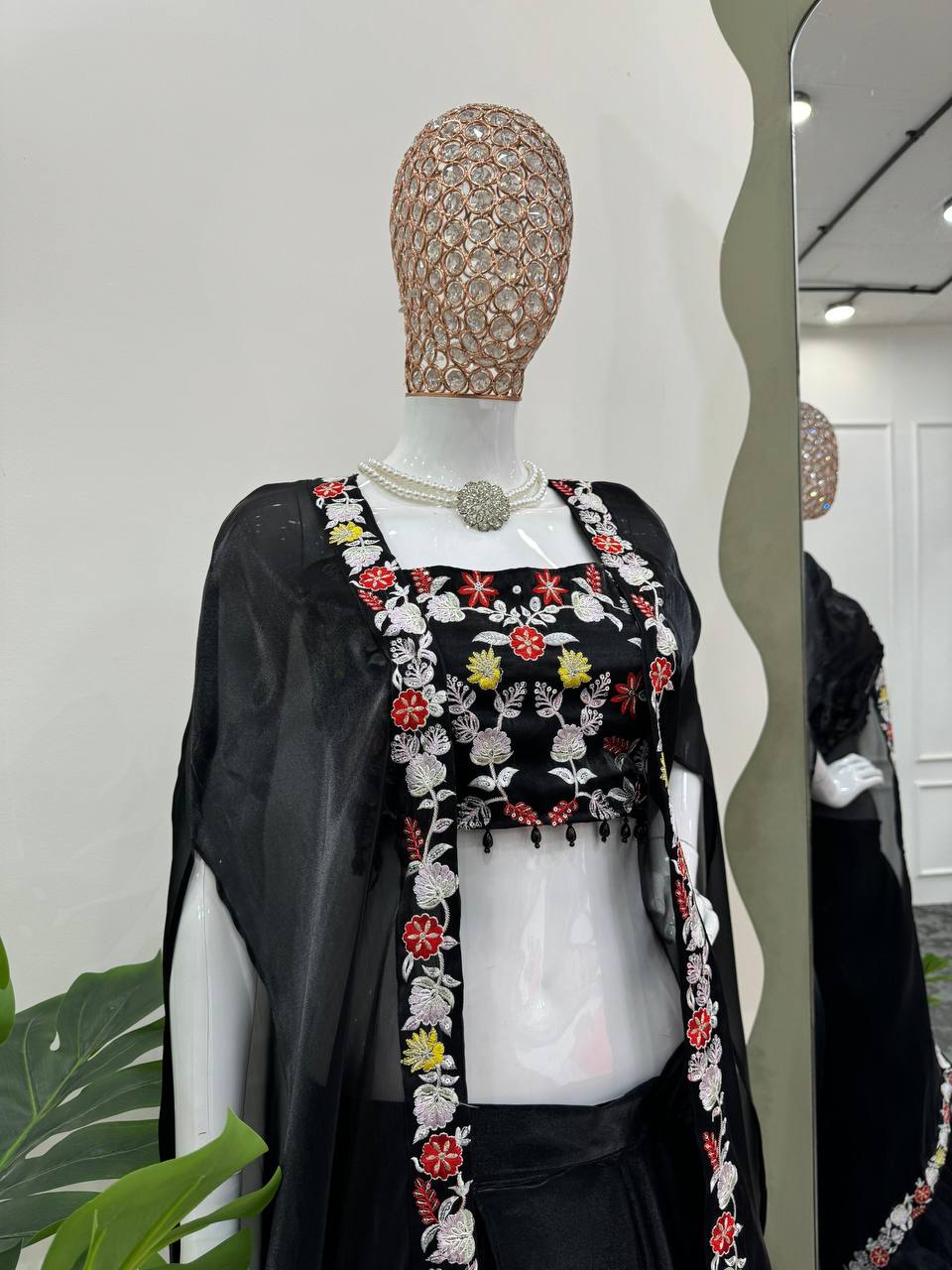 Black Elegant Dhoti Style Ensemble with Shrug & Unstitched Choli