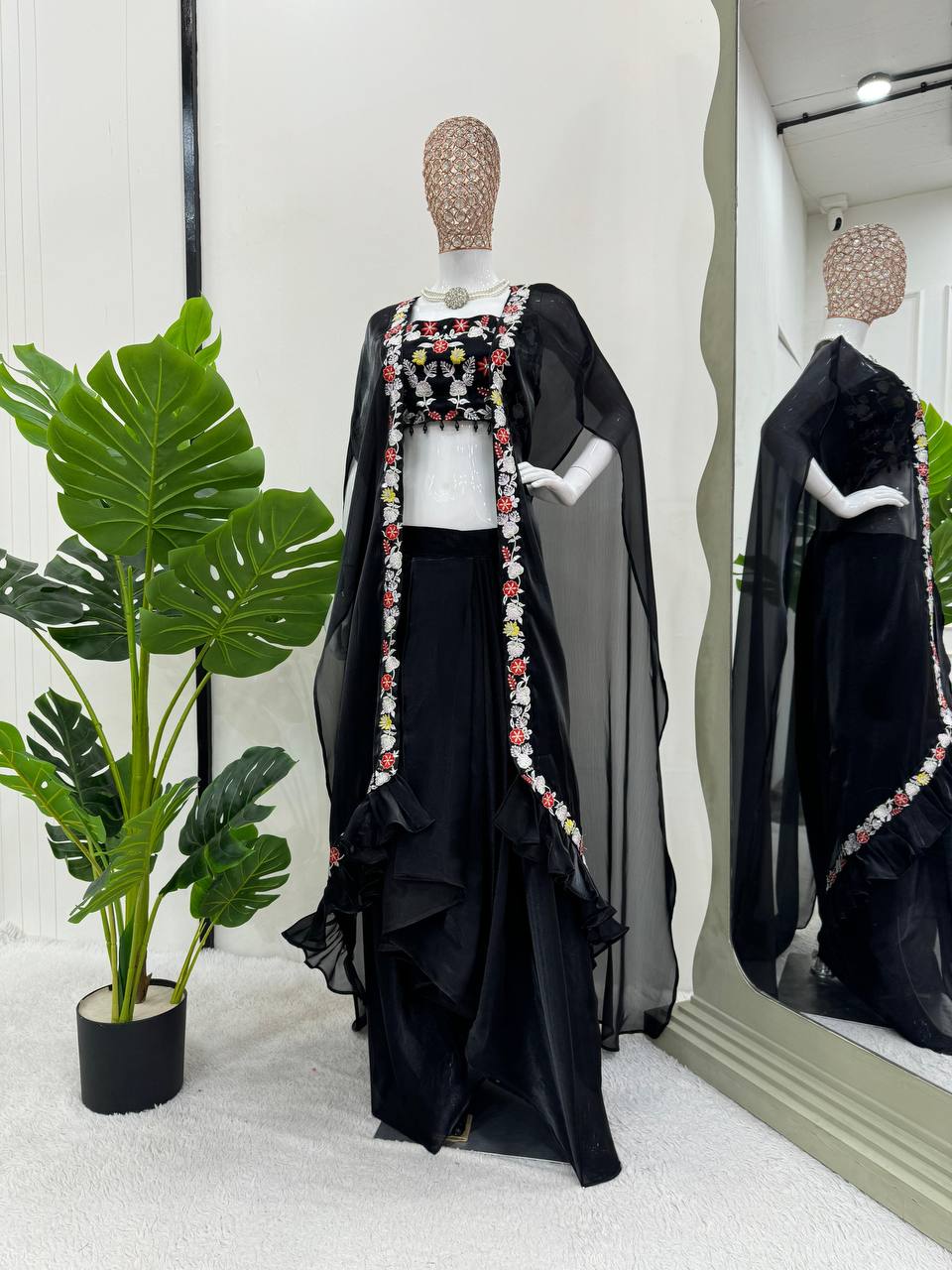 Black Elegant Dhoti Style Ensemble with Shrug & Unstitched Choli