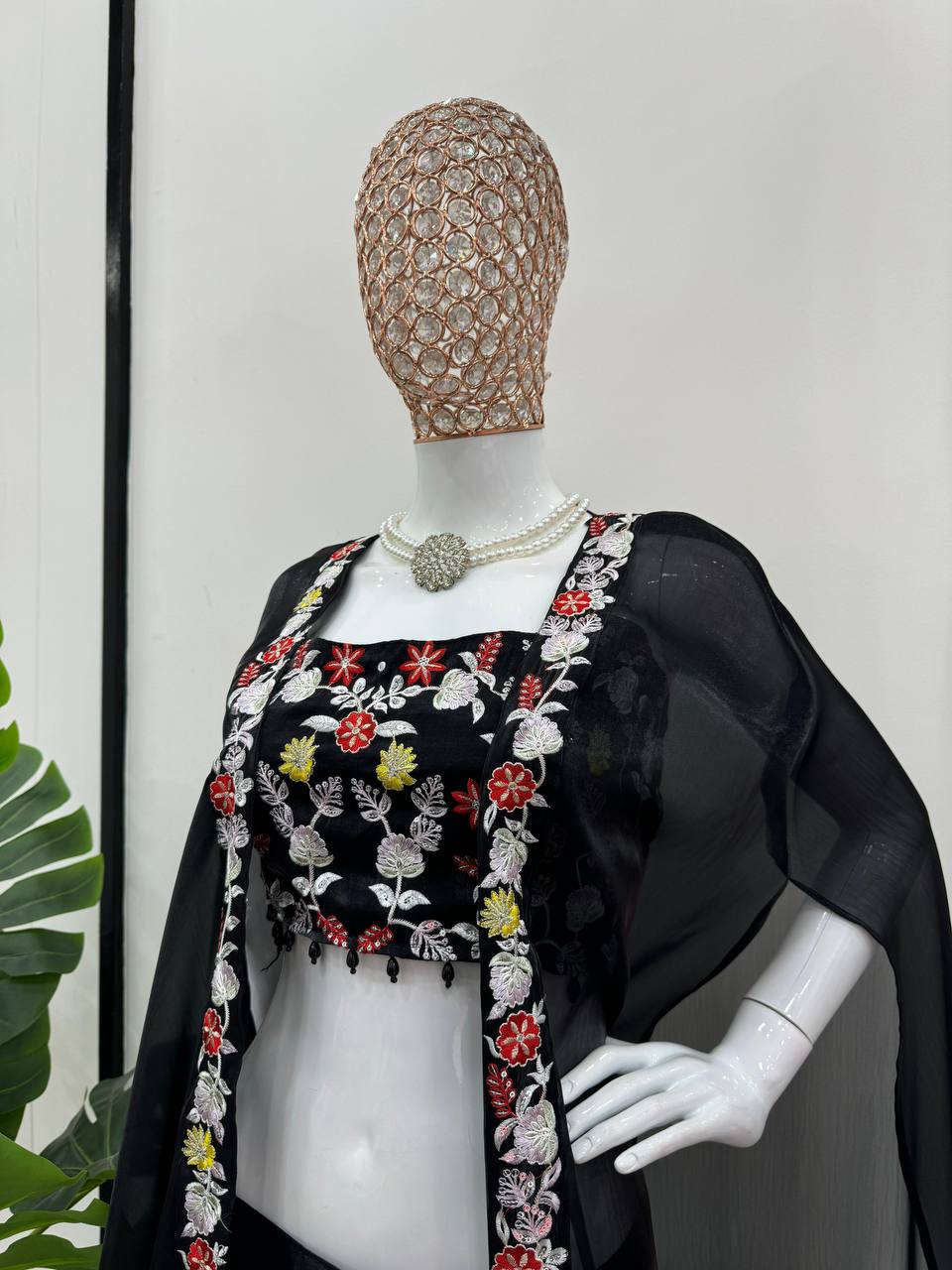 Black Elegant Dhoti Style Ensemble with Shrug & Unstitched Choli