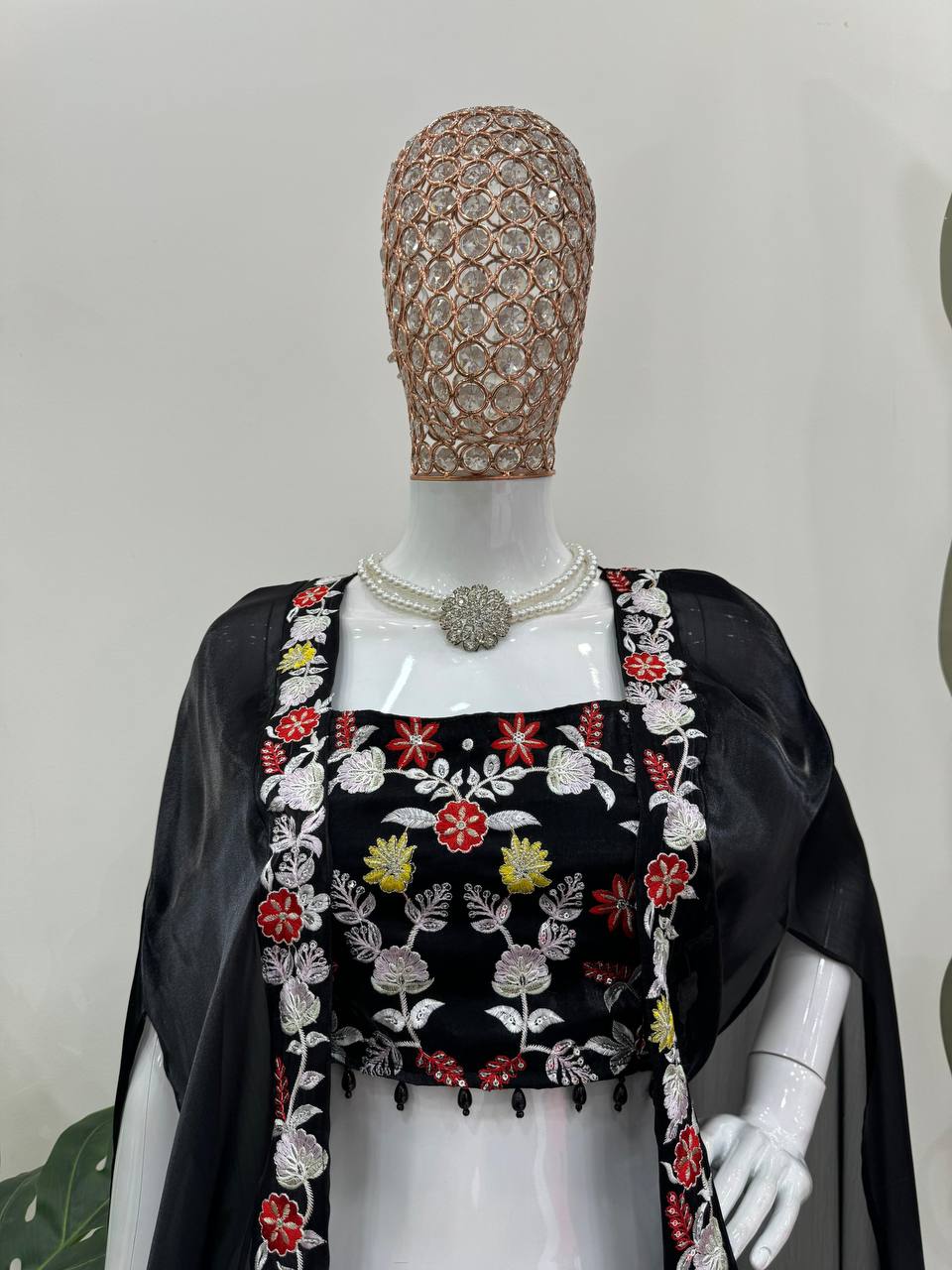 Black Elegant Dhoti Style Ensemble with Shrug & Unstitched Choli