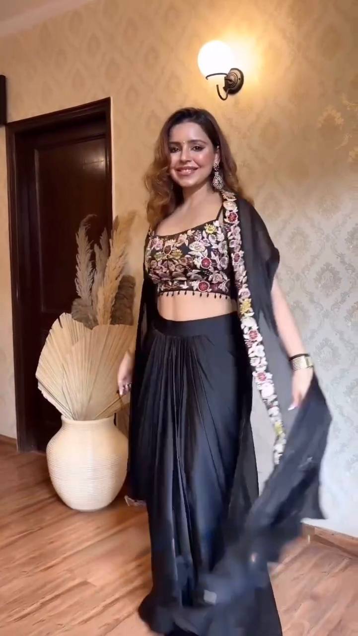 Black Elegant Dhoti Style Ensemble with Shrug & Unstitched Choli