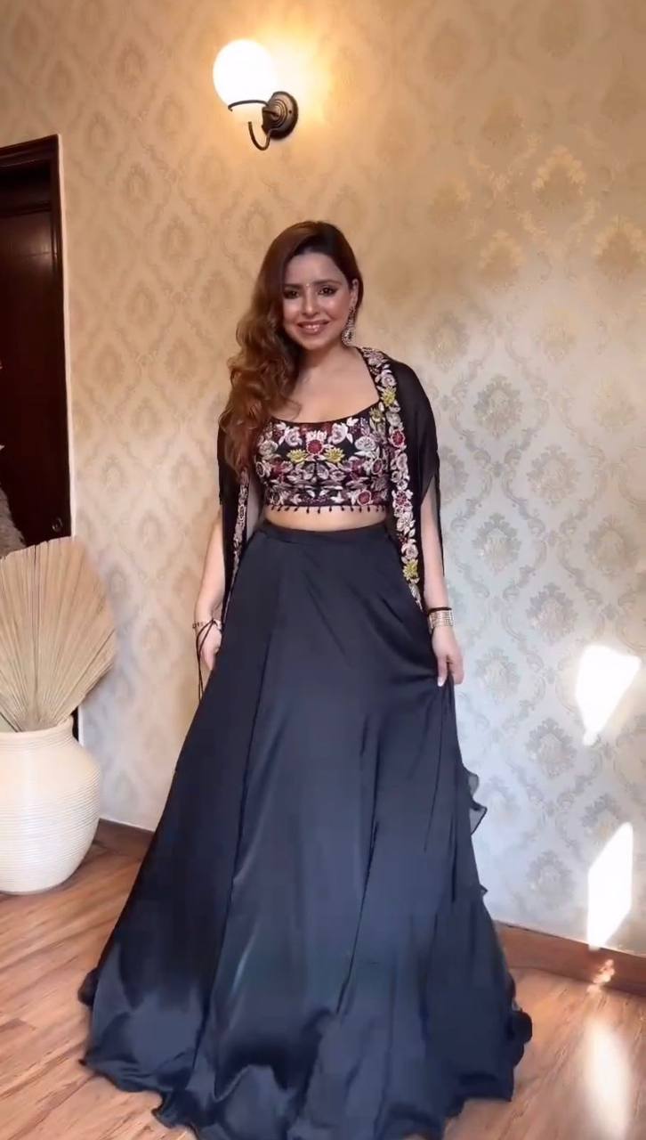 Black Elegant Dhoti Style Ensemble with Shrug & Unstitched Choli