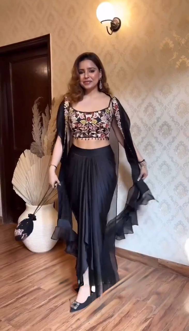 Black Elegant Dhoti Style Ensemble with Shrug & Unstitched Choli