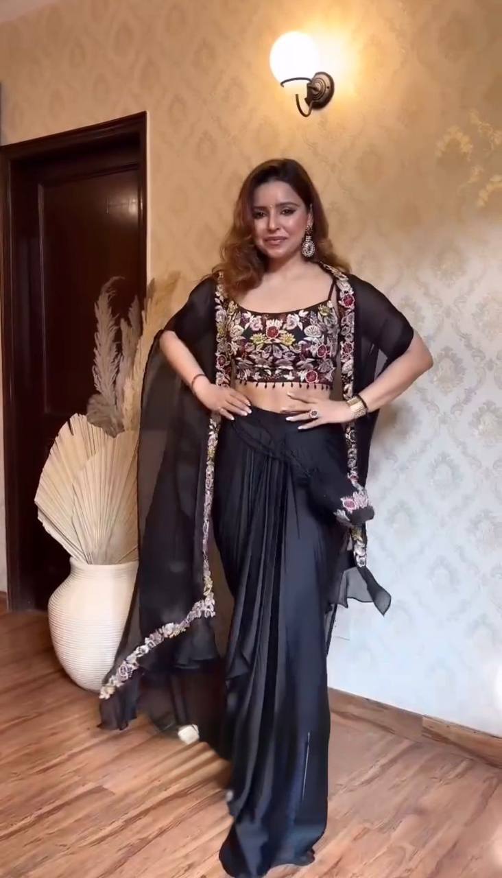 Black Elegant Dhoti Style Ensemble with Shrug & Unstitched Choli