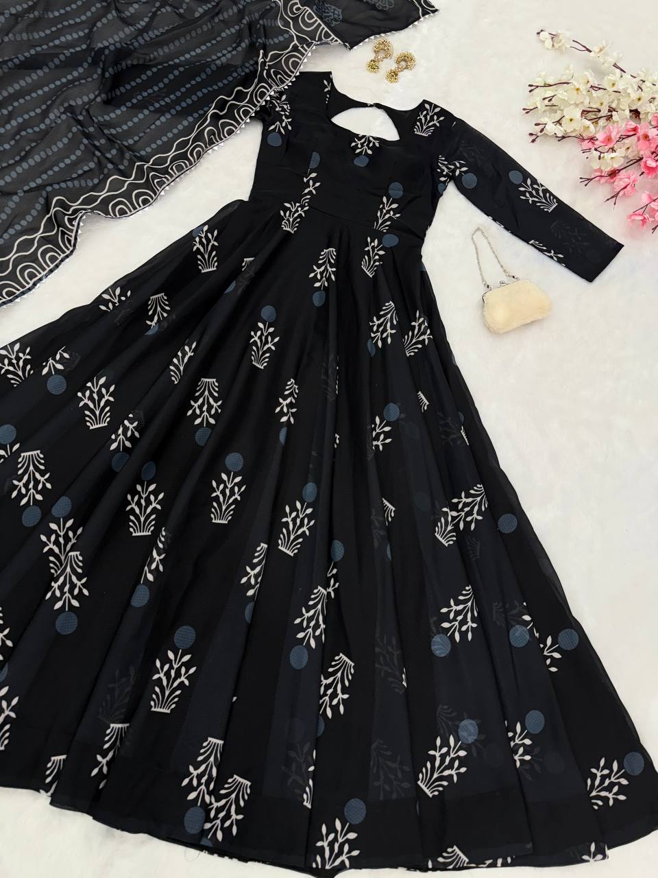 Black Elegant Digital Printed Cotton Anarkali Gown with Dupatta – Full-Length, Ready to Wear