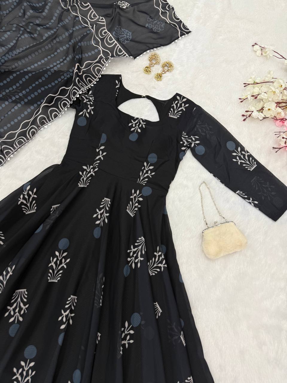 Black Elegant Digital Printed Cotton Anarkali Gown with Dupatta – Full-Length, Ready to Wear