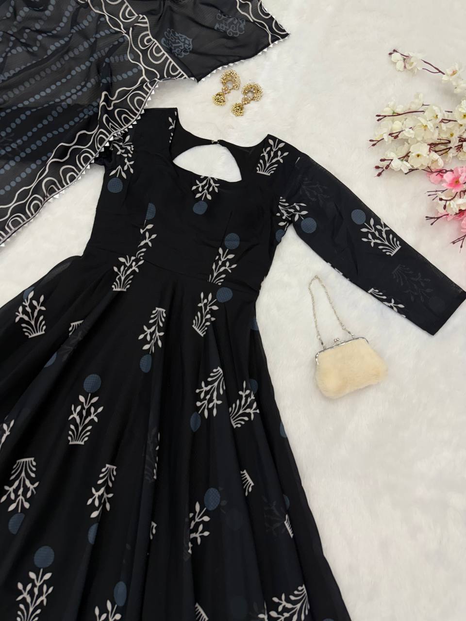 Black Elegant Digital Printed Cotton Anarkali Gown with Dupatta – Full-Length, Ready to Wear