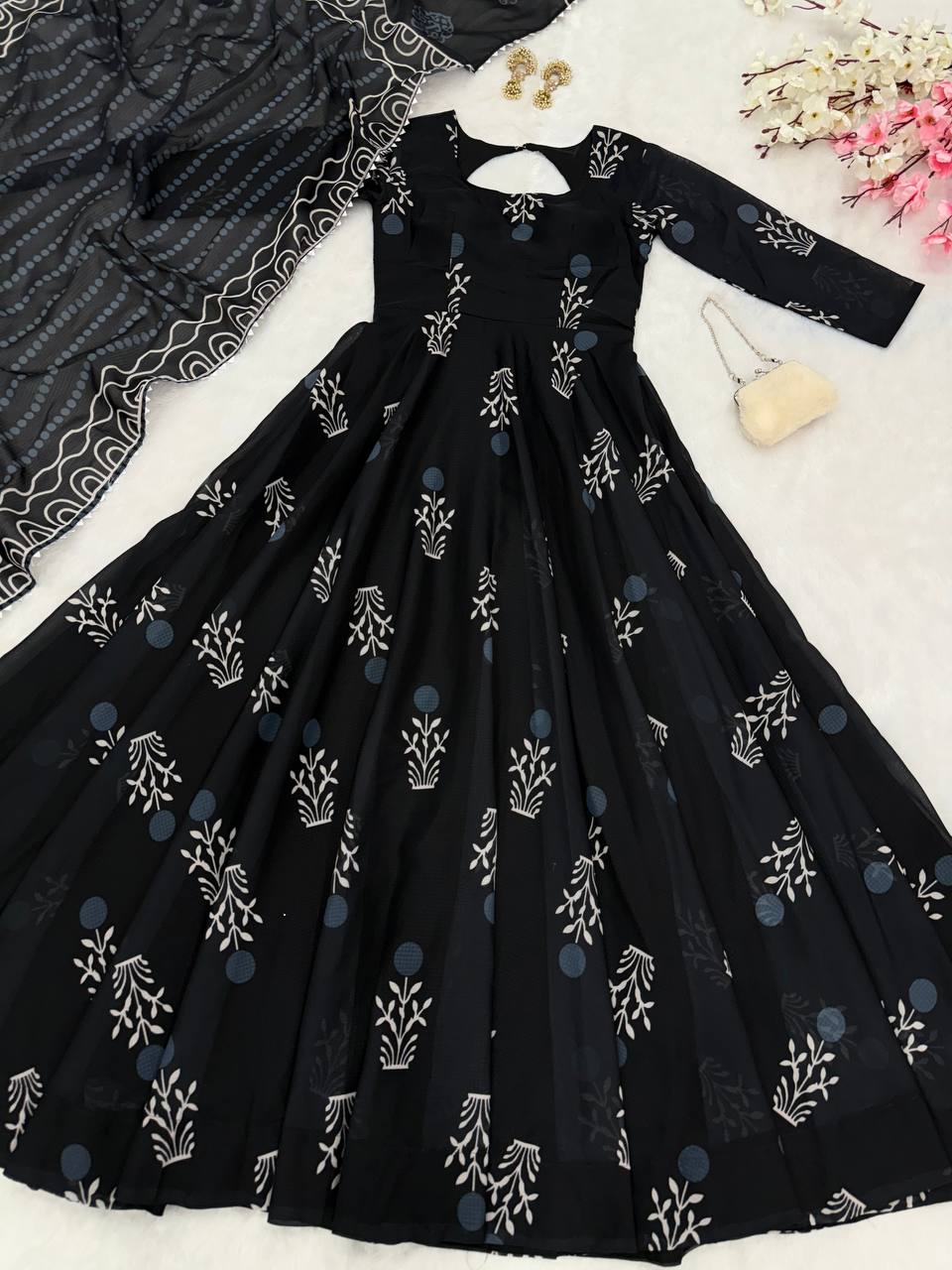 Black Elegant Digital Printed Cotton Anarkali Gown with Dupatta – Full-Length, Ready to Wear